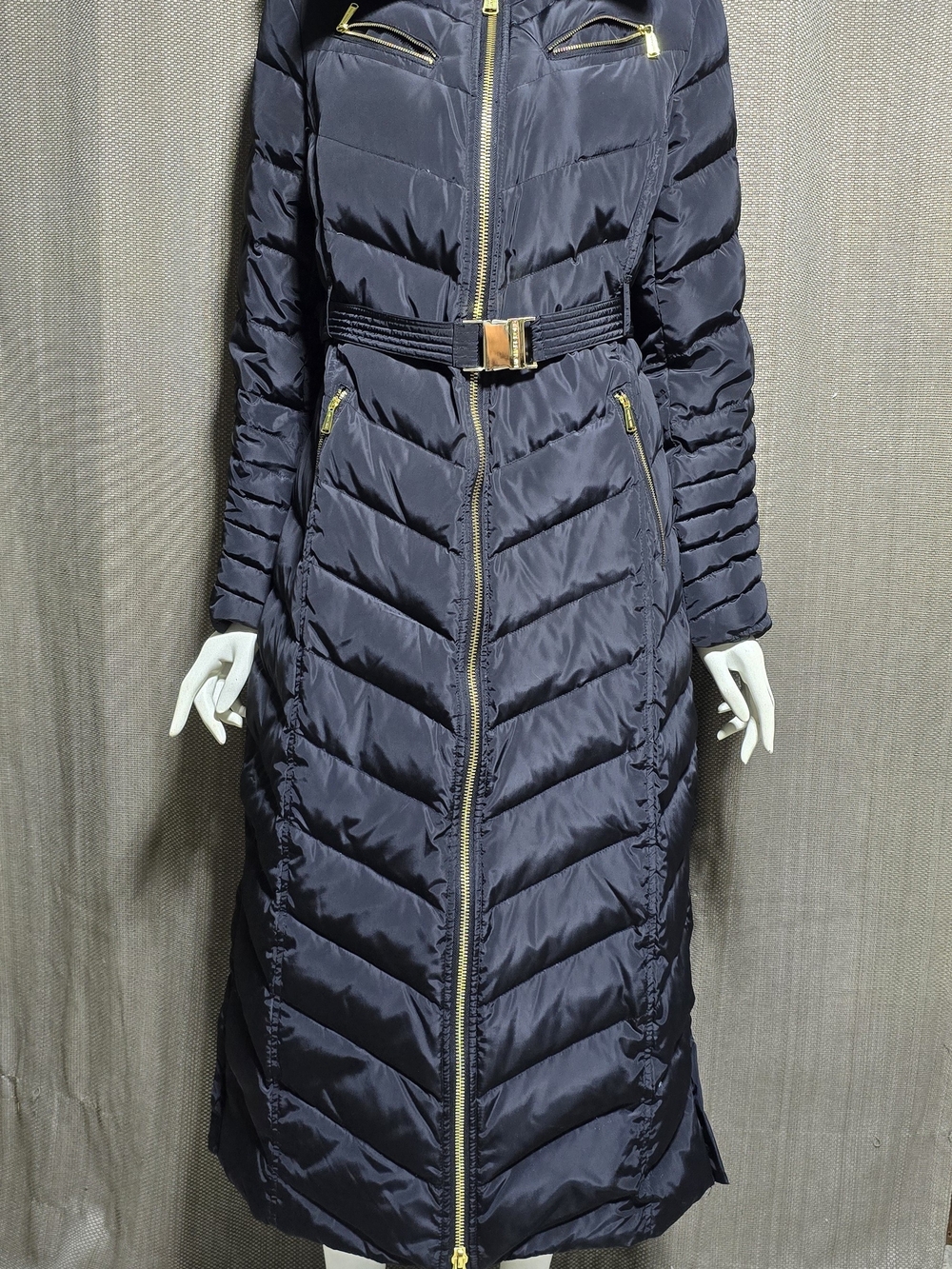 MICHAEL Michael Kors Women's M Navy Belted Maxi Puffer Coat Faux Fur Hood